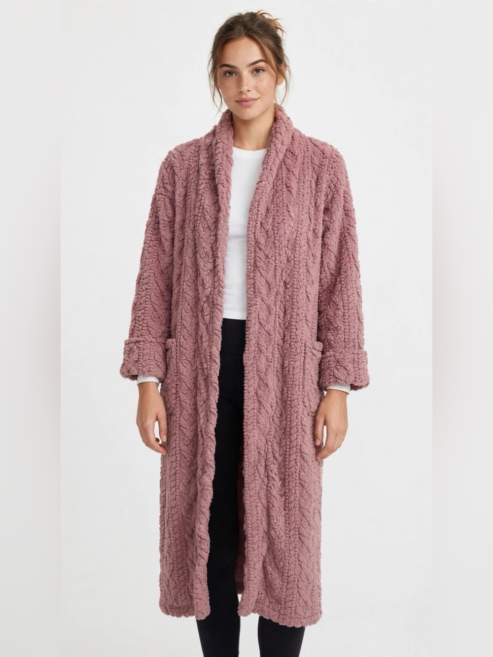 Long Open-Front Sherpa Cardigan - Mauve Pink